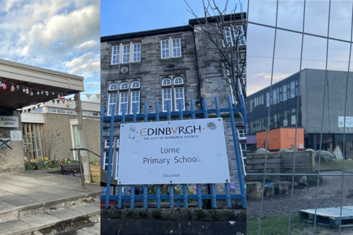 Three photographs respectively depicting Blackhall Library's canopy, the sign in front of Lorne Primary School, and building works surrounding Trinity Primary