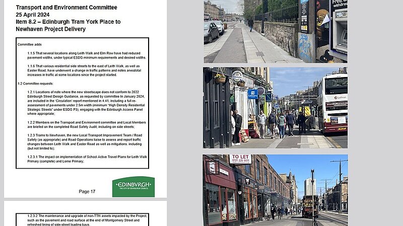 An extract of a Council motion and three images on the right depicting narrow pavements at various stages of Leith Walk
