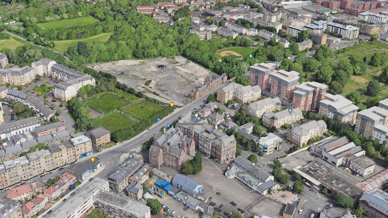 A generated view of the Powderhall site and Broughton from air, sourced from Google Maps
