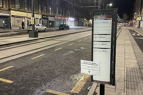 A temporary bus stop at New Orchardfield, Leith Walk