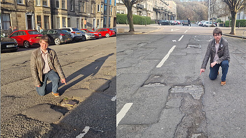 Two pictures spliced together. On the left, Jack Caldwell is pointing at a pothole on Montgomery Street and on the right he is doing the same on Brunswick Street