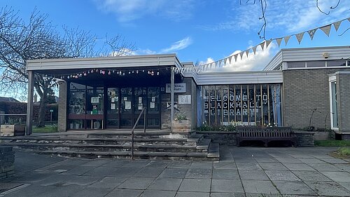 Blackhall Library closed with a blue sky in the background
