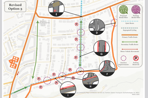 Revised Option 3 map showing a two directional bike lane up Braid Avenue