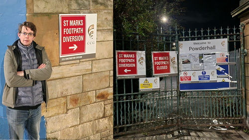 The gates closed at the Powderhall path and Jack standing next to a diversion sign