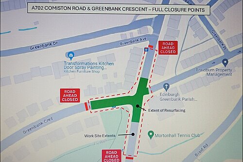 Map of the Greenbank crossroads showing closures showing the extent of surfacing down Greenbank Crescent