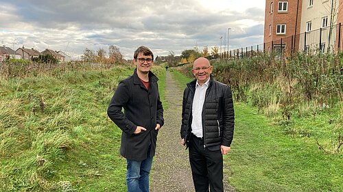 Cllrs Aldridge and Thornley at the Torwood path, a narrow path in need of resurfacing.