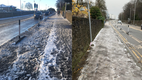 Two pictures depicting snow in the Spaces for People cycle lane and black ice on a pavement on Ferry Road