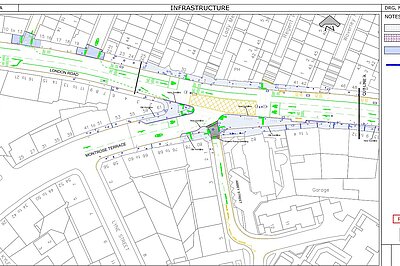 An engineering plan of the Abbeyhill section of London Road showing pavements and roads resurfacing to take place