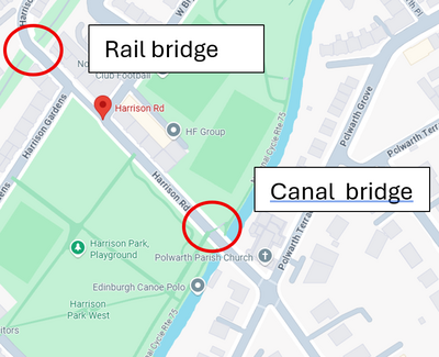 A Google Map of Harrison Road with the two bridges circled