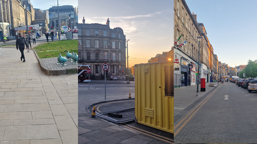 Three images of Elm Row. Left: A "desired path" made of dirt. Middle: A shipping container at the end of Montgomery Street. Right: Elm Row looking towards town with tenements on the left and parked cars on the right.