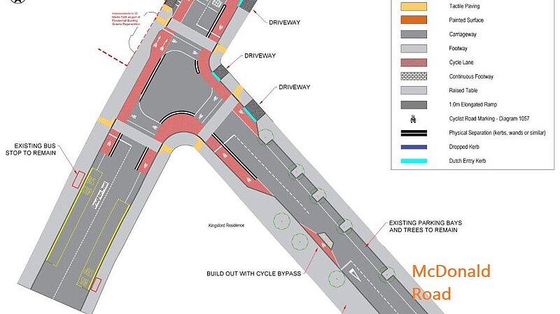 An engineers sketch of the junction at McDonald Road and Broughton Road including new traffic signals, cycling amenity and tactile pavements.