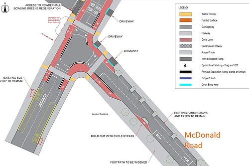 An engineers sketch of the junction at McDonald Road and Broughton Road including new traffic signals, cycling amenity and tactile pavements.